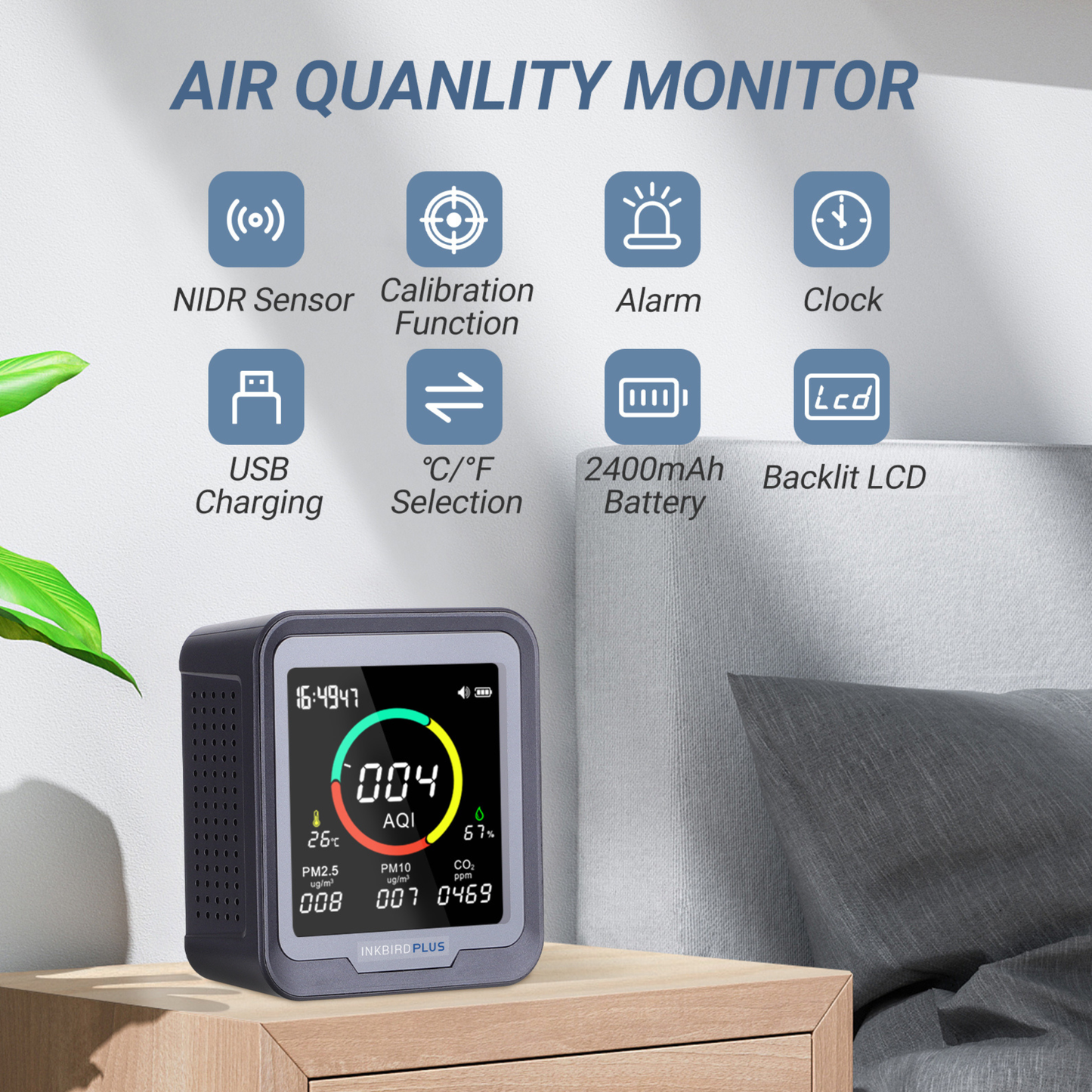 6 in 1 air quality monitor device placed in modern home room for monitoring indoor air conditions and environmental factors