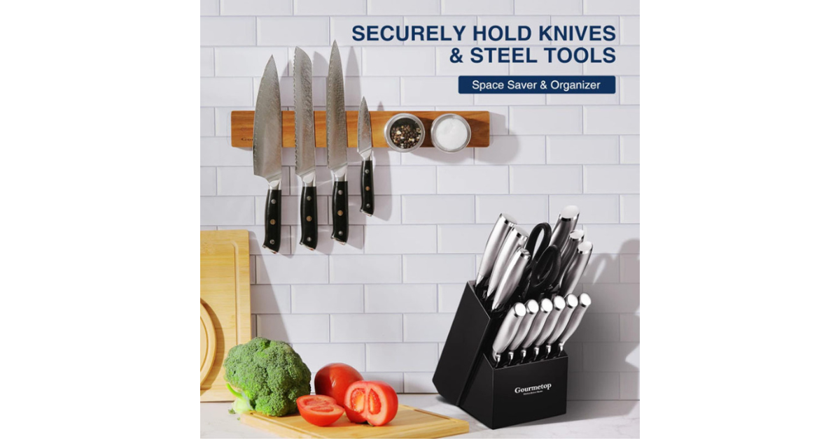 Magnetic wall knife holder holding Japanese knives