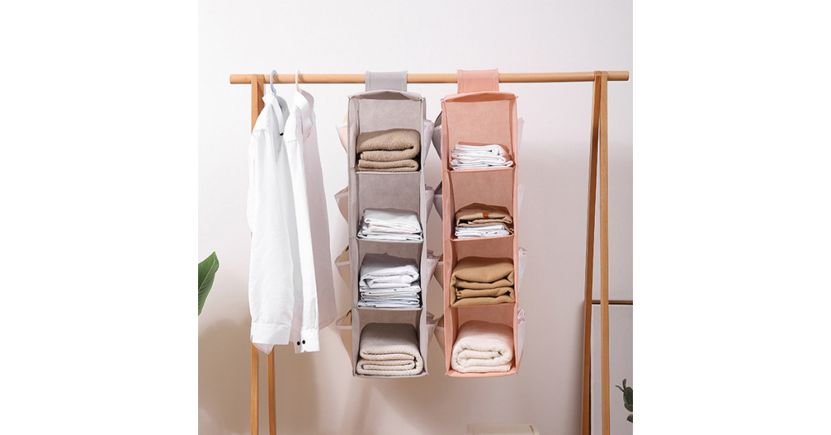Bedroom organization with hanging closet organizer