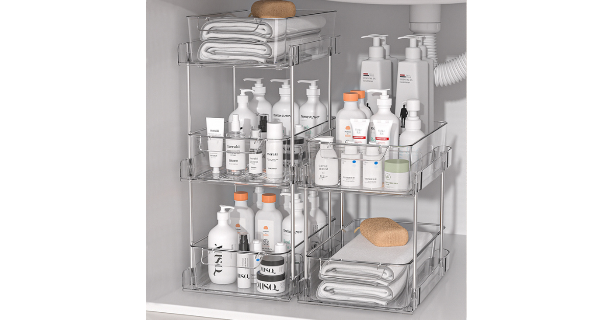 Desk stationery organized in pull-out drawers