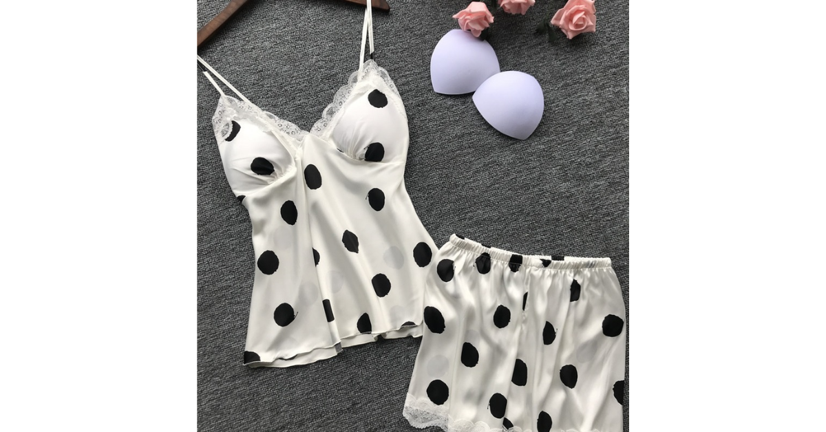 Side view showing lace-trim camisole and shorts
