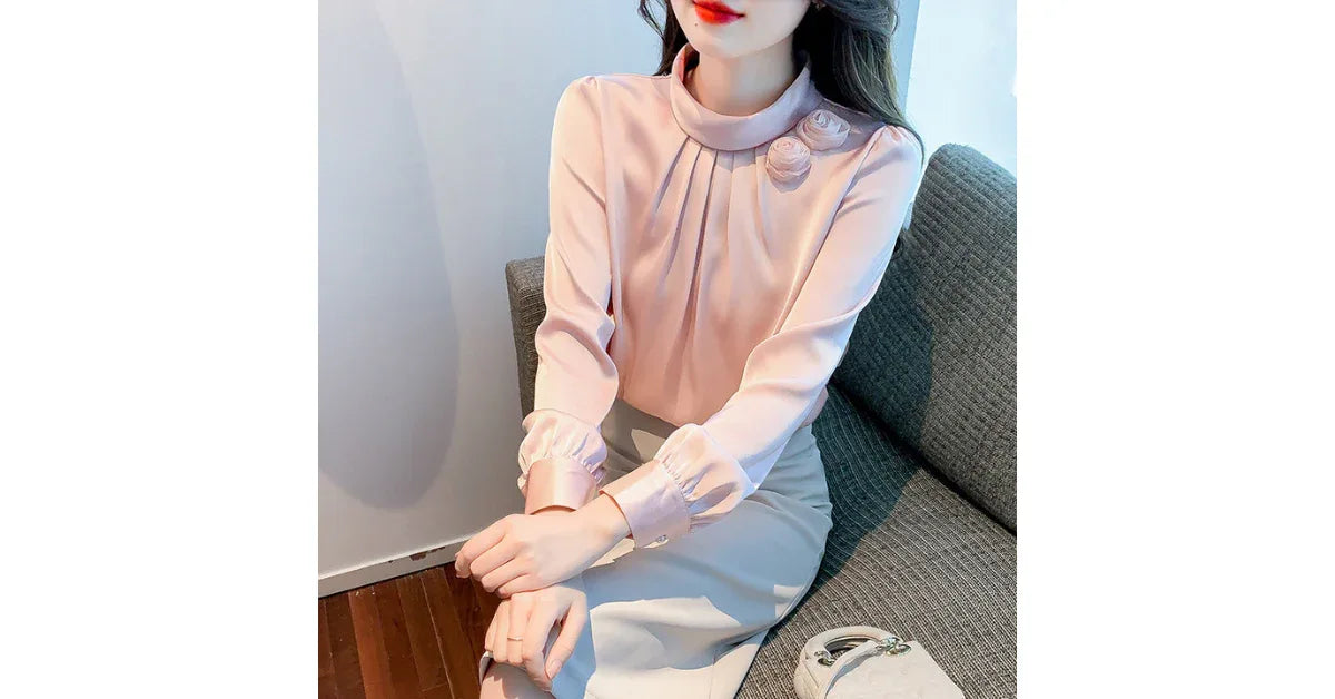 Women Stand Collar Petal Satin Blouse – Elegant Long Sleeve Top for Office & Casual Wear - vitaliqa