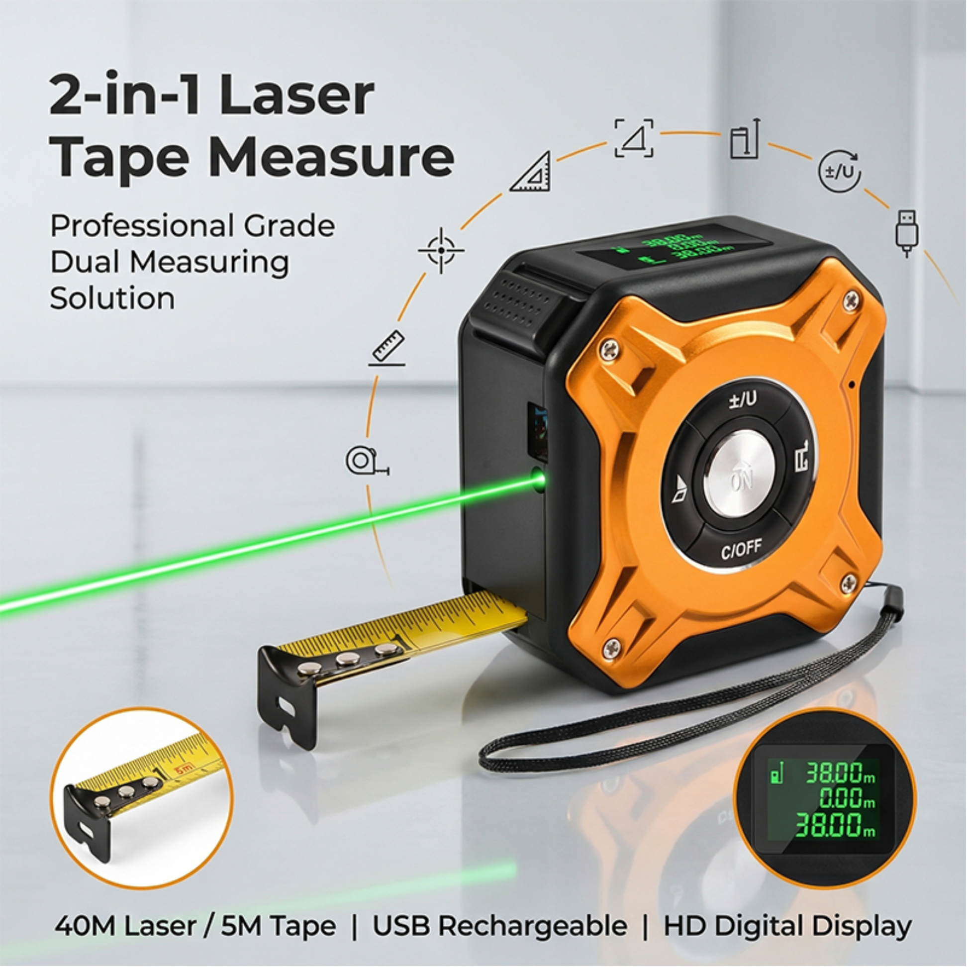 Lonnmeter M6 2-in-1 Laser Measuring Tool combining laser rangefinder and 5M tape measure