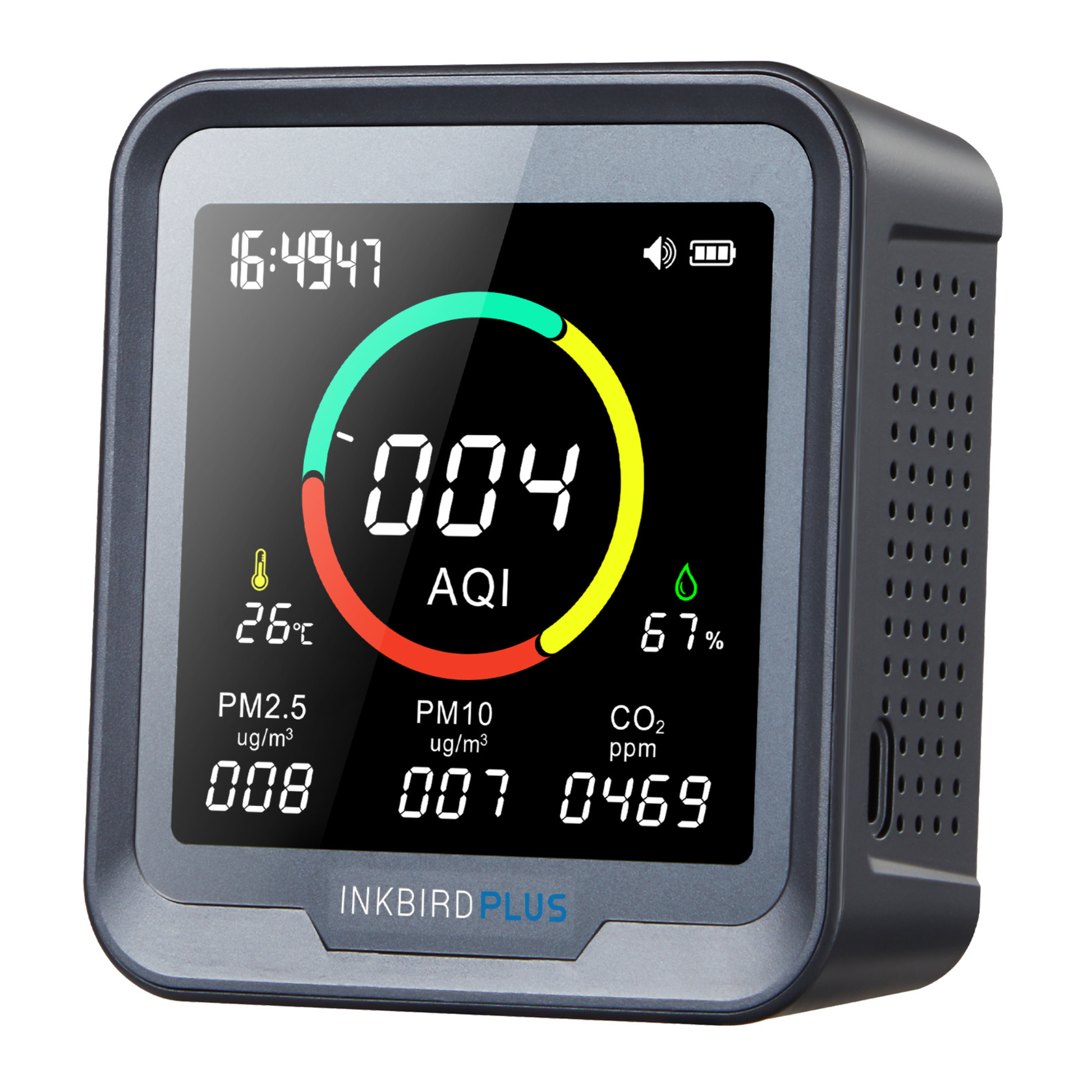 M8-6T 6-in-1 indoor air quality monitor displaying PM2.5, PM10, CO2, HCHO, temperature and humidity measurements for home environment monitoring