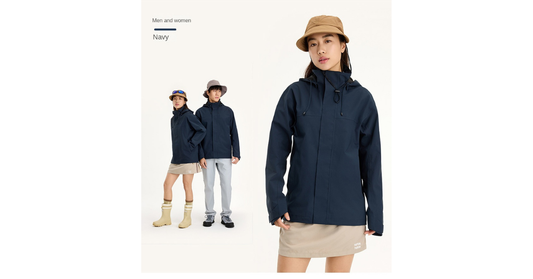Front view of men's hard shell waterproof windbreaker jacket
