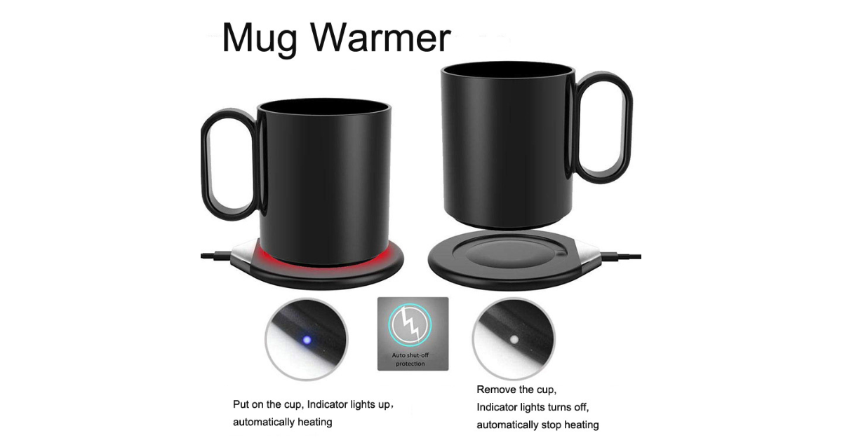 Minimalist workspace with electric mug warmer