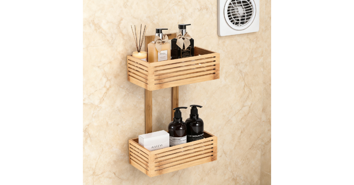 Modern bamboo double-tier shelf in minimalist bathroom