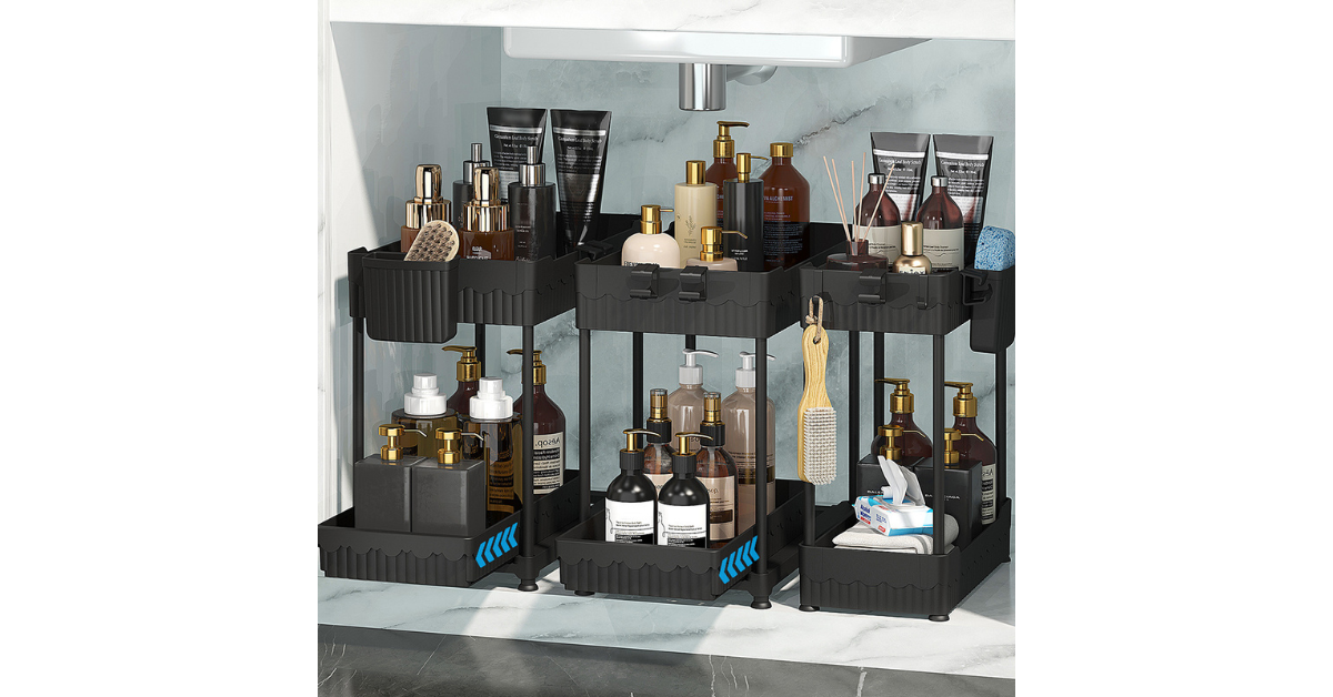 Modern black under kitchen sink organizer with hooks and removable cup