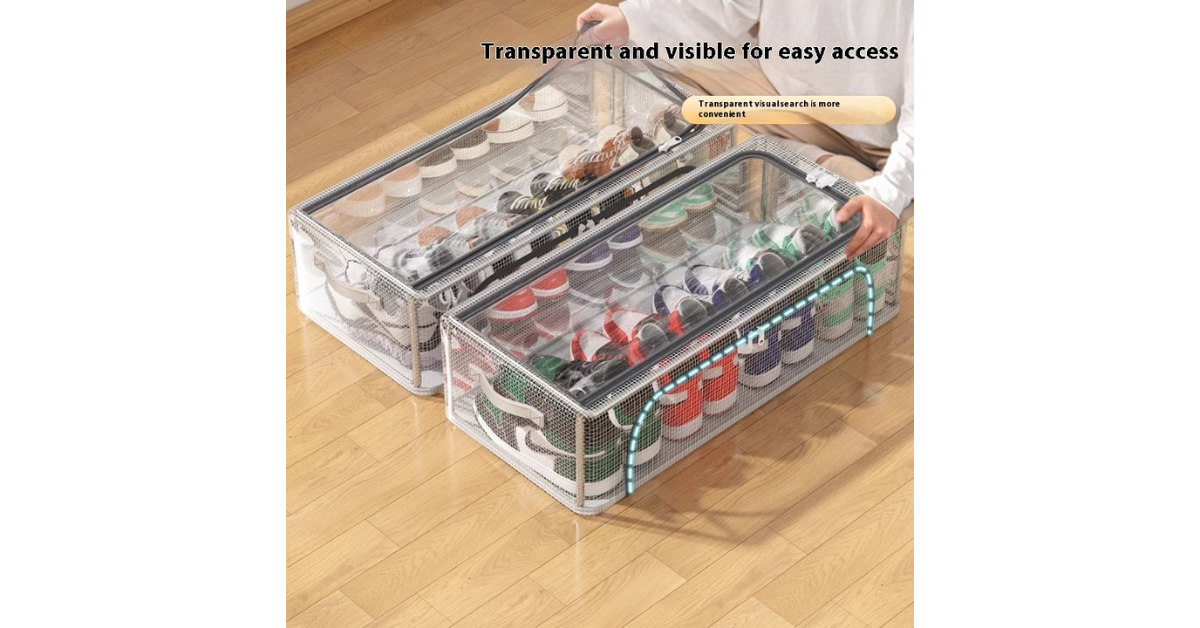 Nike shoes organized in foldable plastic shoe box