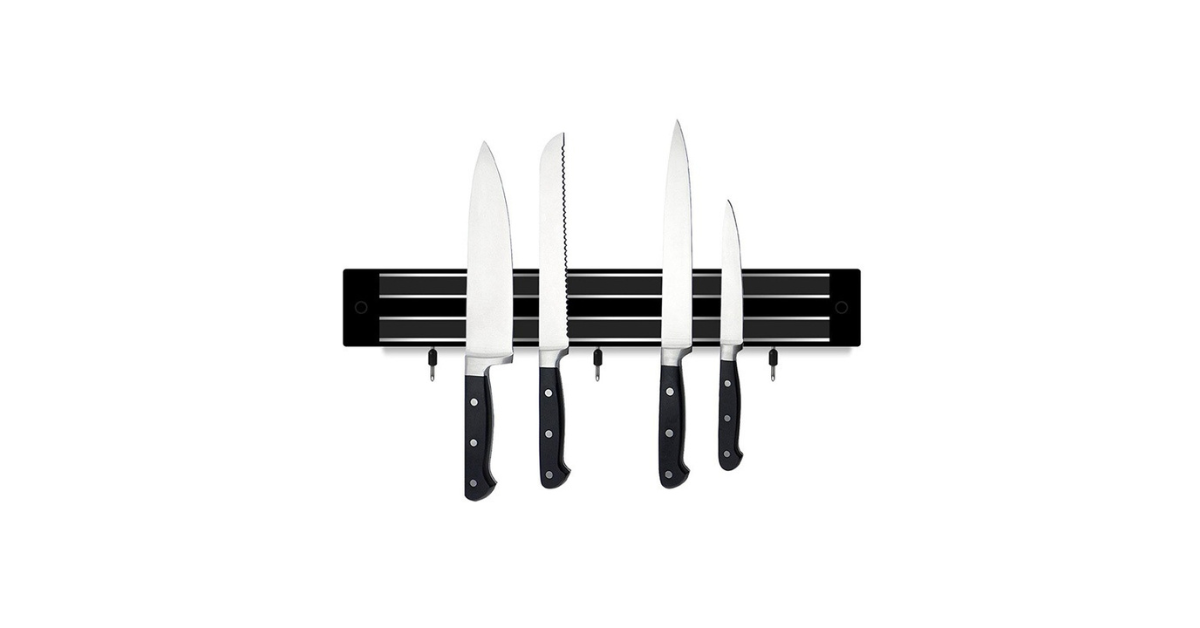 Eco-friendly magnetic knife holder in minimalist kitchen