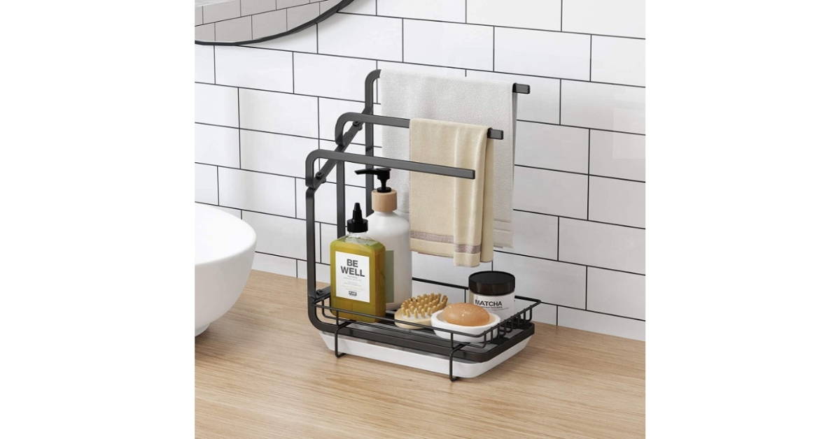 Black stainless steel sponge caddy neatly organizing sink essentials