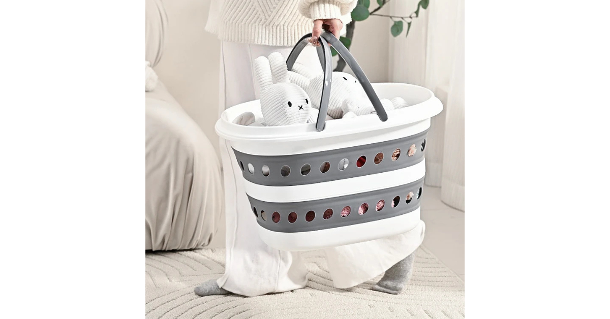 laundry organizer basket in small apartment