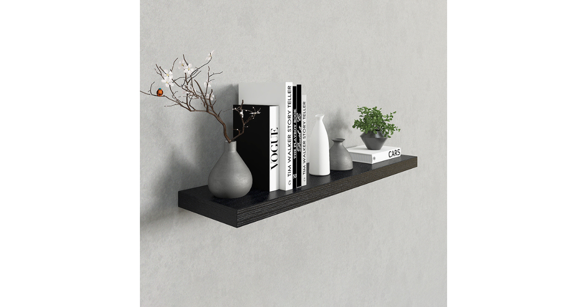 Wooden wall shelf with decorative items