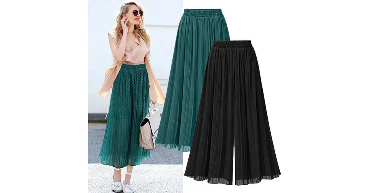 Women Chiffon Pleated Wide Leg Plus Size Pants – Flowing Comfort & Summer Style - vitaliqa