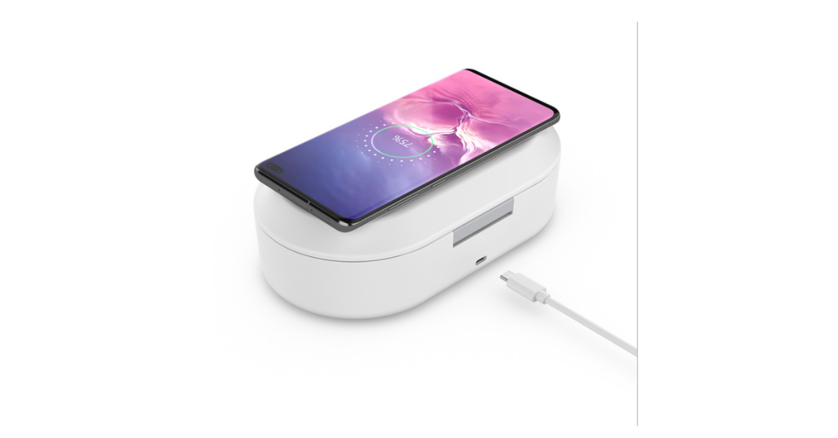 Portable phone sanitizer UV box on desk