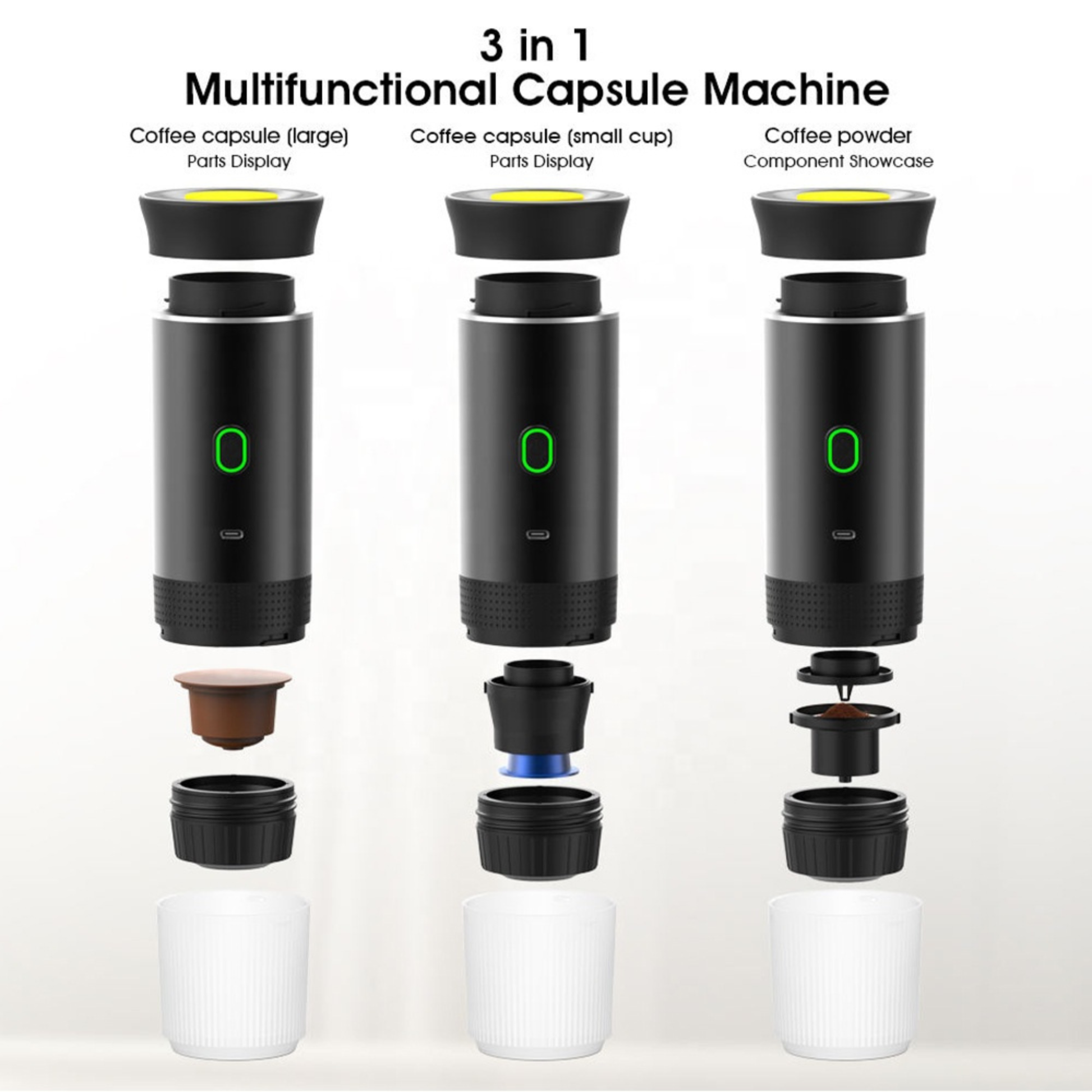 Portable espresso maker beside coffee beans