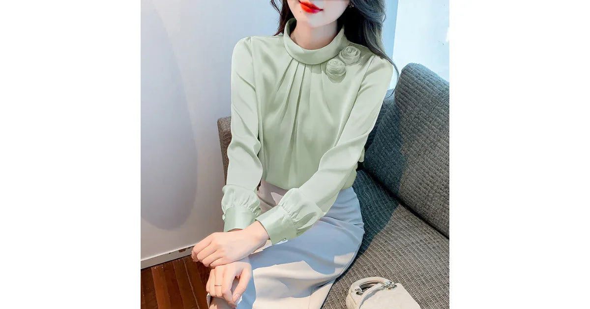 Women Stand Collar Petal Satin Blouse – Elegant Long Sleeve Top for Office & Casual Wear - vitaliqa