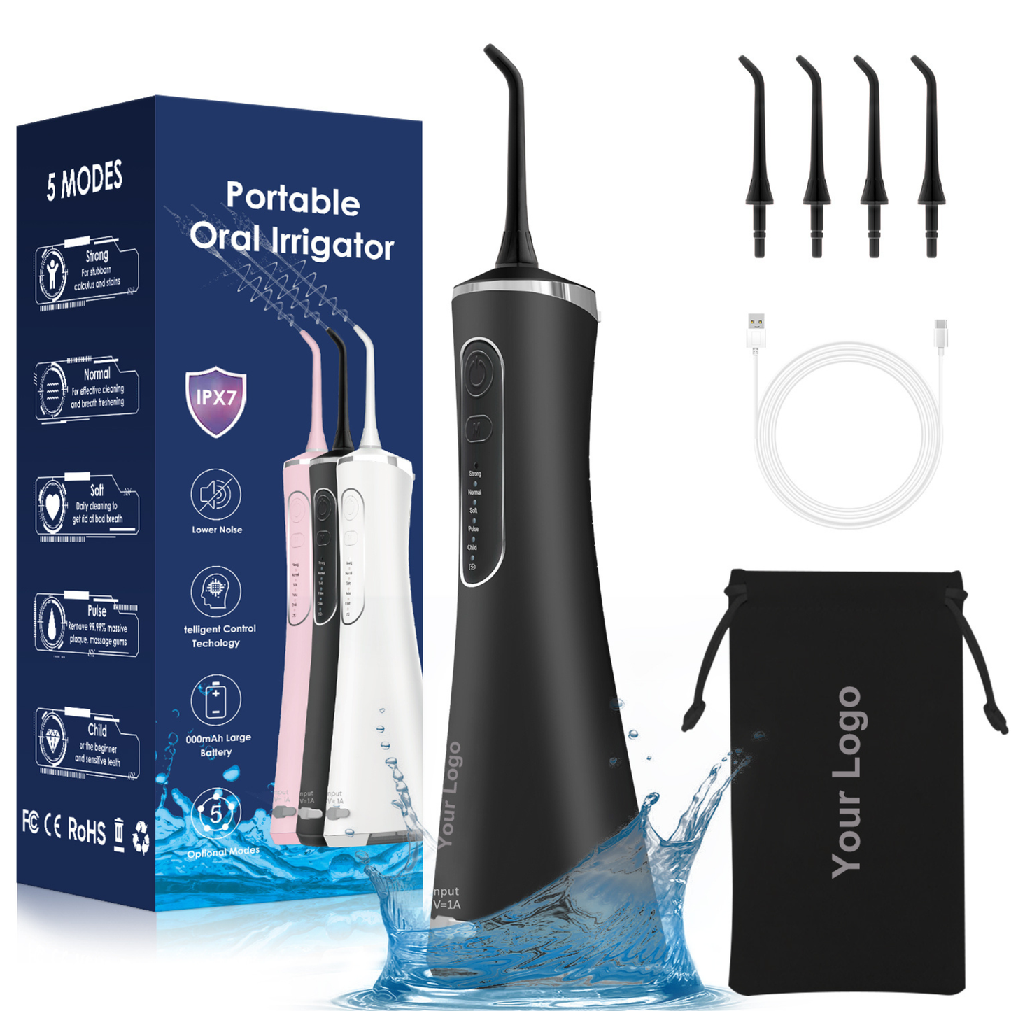 Rechargeable Oral Irrigator with IPX7 waterproof protection for home, hotel, and travel oral care.