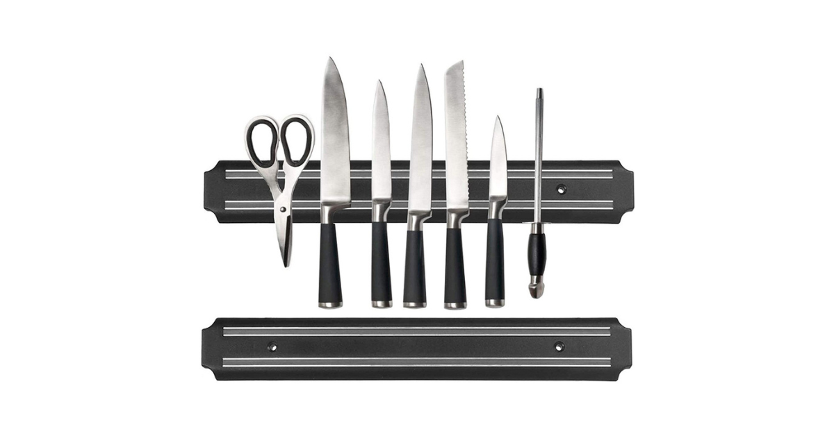 Close-up of ferrite magnets on magnetic knife holder