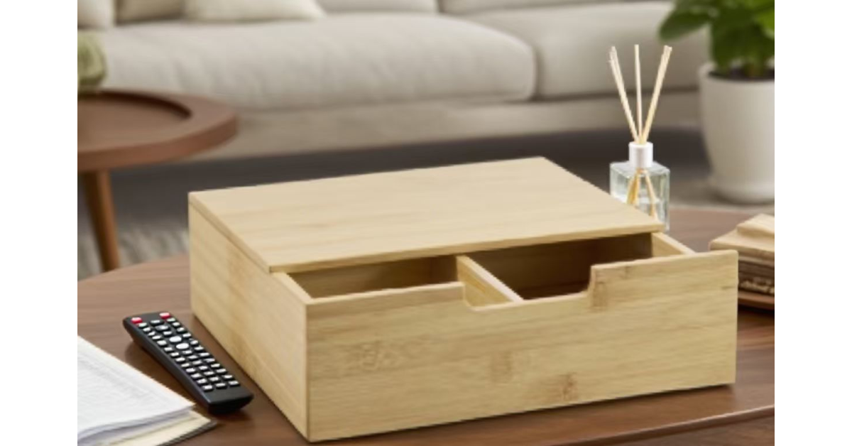 Foldable ottoman with bamboo drawer in modern living room
