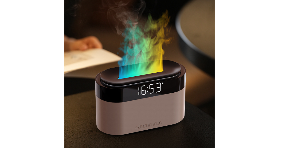 Ultrasonic diffuser creating cool mist in bedroom