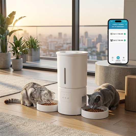 Automatic pet feeder with camera and app control designed for cats and small pets at home.