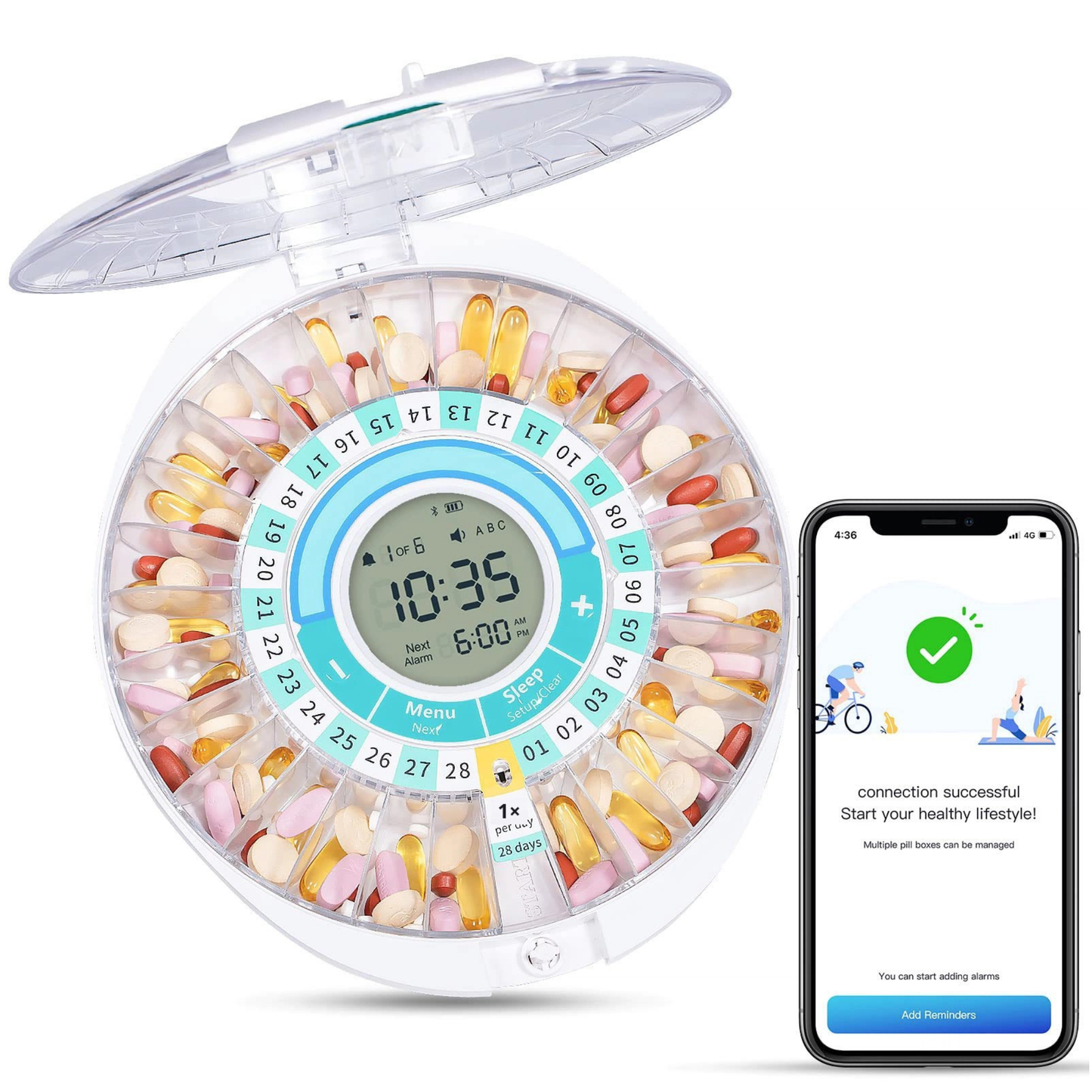 Bluetooth medication reminder pill box with smart technology for convenient medicine organization