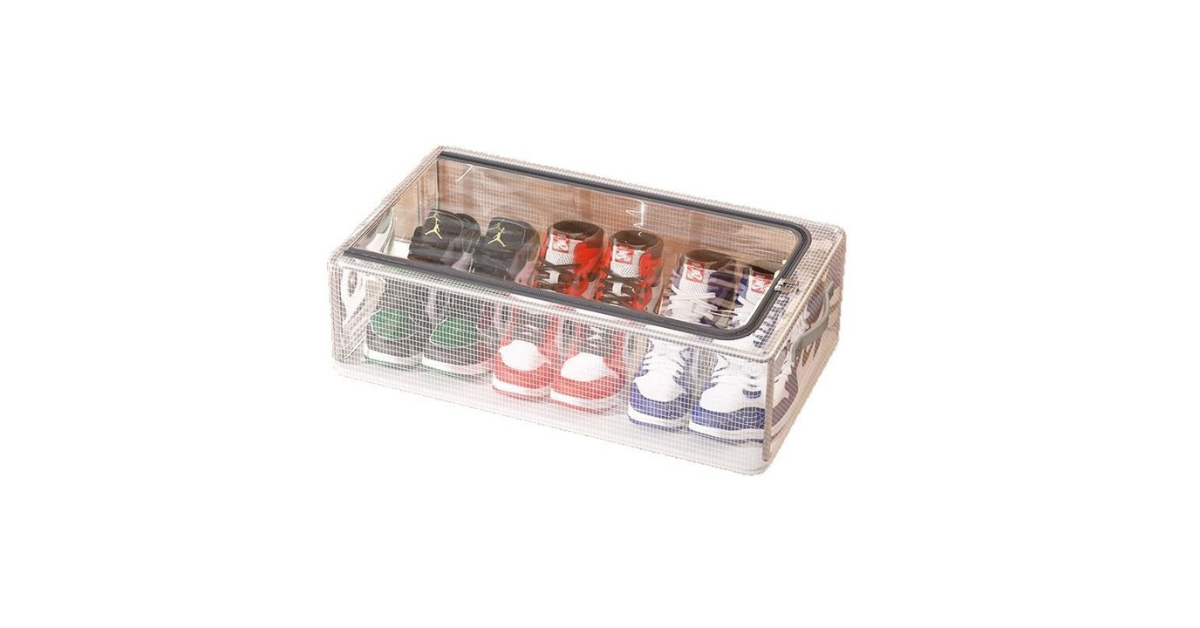 Stackable PVC shoe boxes in bedroom closet