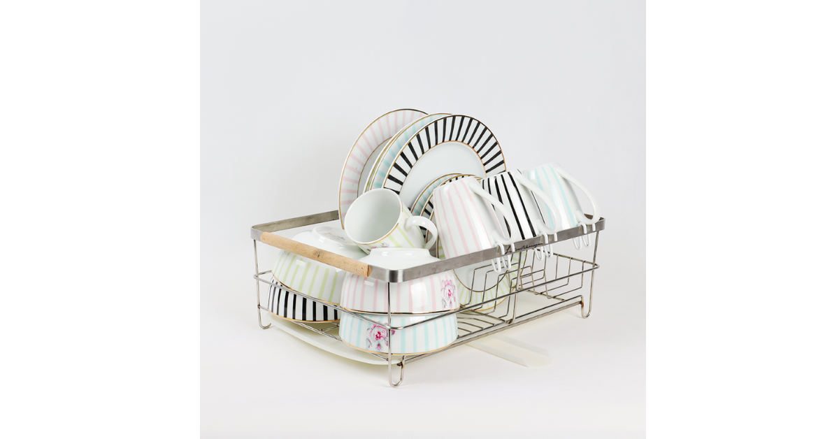 Stainless steel dish drying rack with plates and bowls