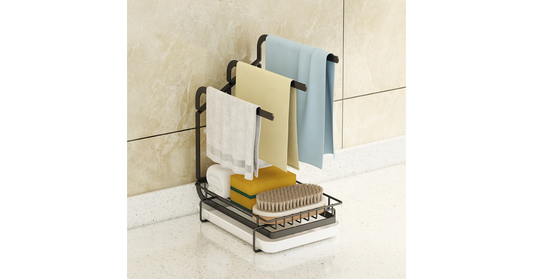 Double-layer stainless steel sponge caddy on kitchen sink