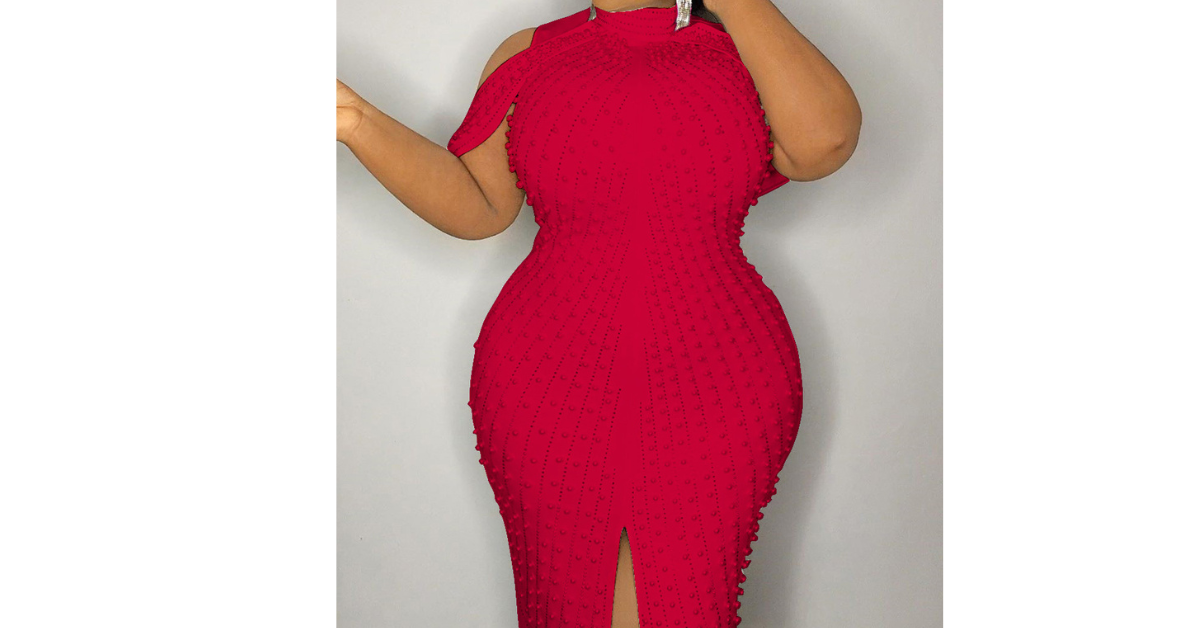 Model posing in a tea-length bodycon dress made from spandex and polyester, ideal for spring or autumn events.