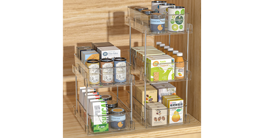 Clear under sink organizer drawers in kitchen cabinet