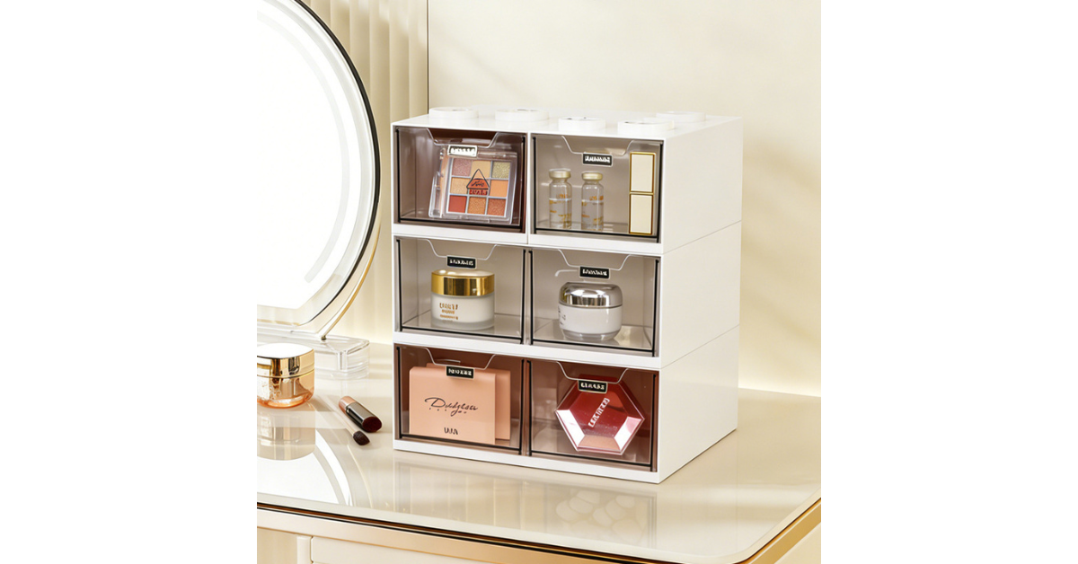 Office supplies organized in desktop drawer organizer
