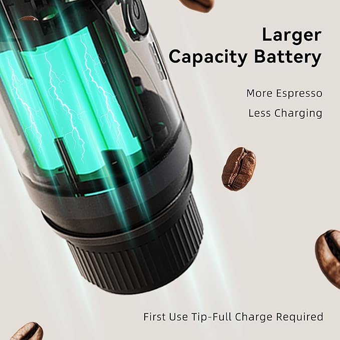 USB rechargeable espresso maker with 7500mAh battery for portable coffee preparation anywhere