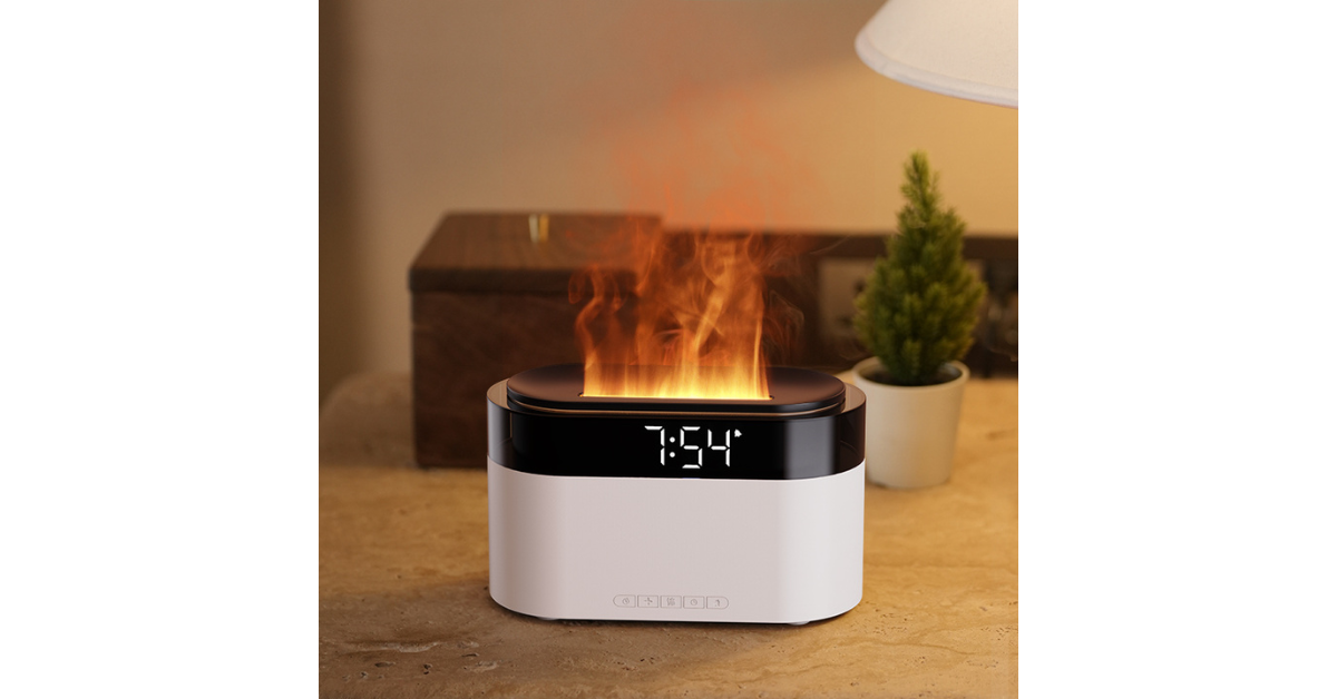 Modern flame humidifier on bedside table