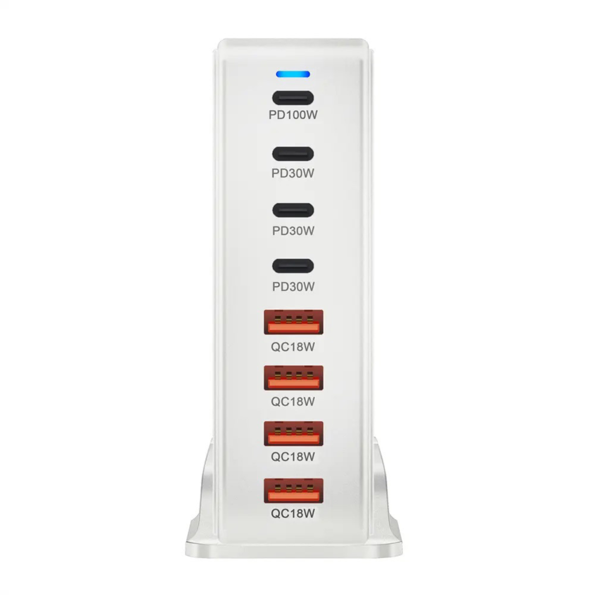8 Port Multi Port Charger charging several smartphones tablets and accessories simultaneously on a desktop workspace.