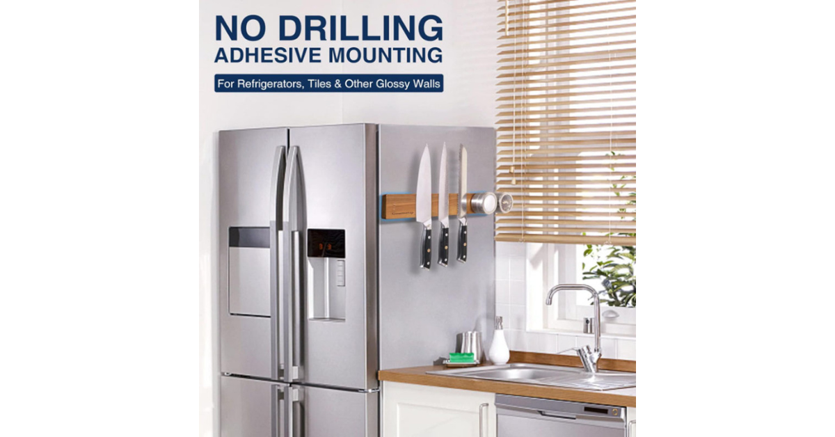 Kitchen knife organizer mounted on wall with various knives