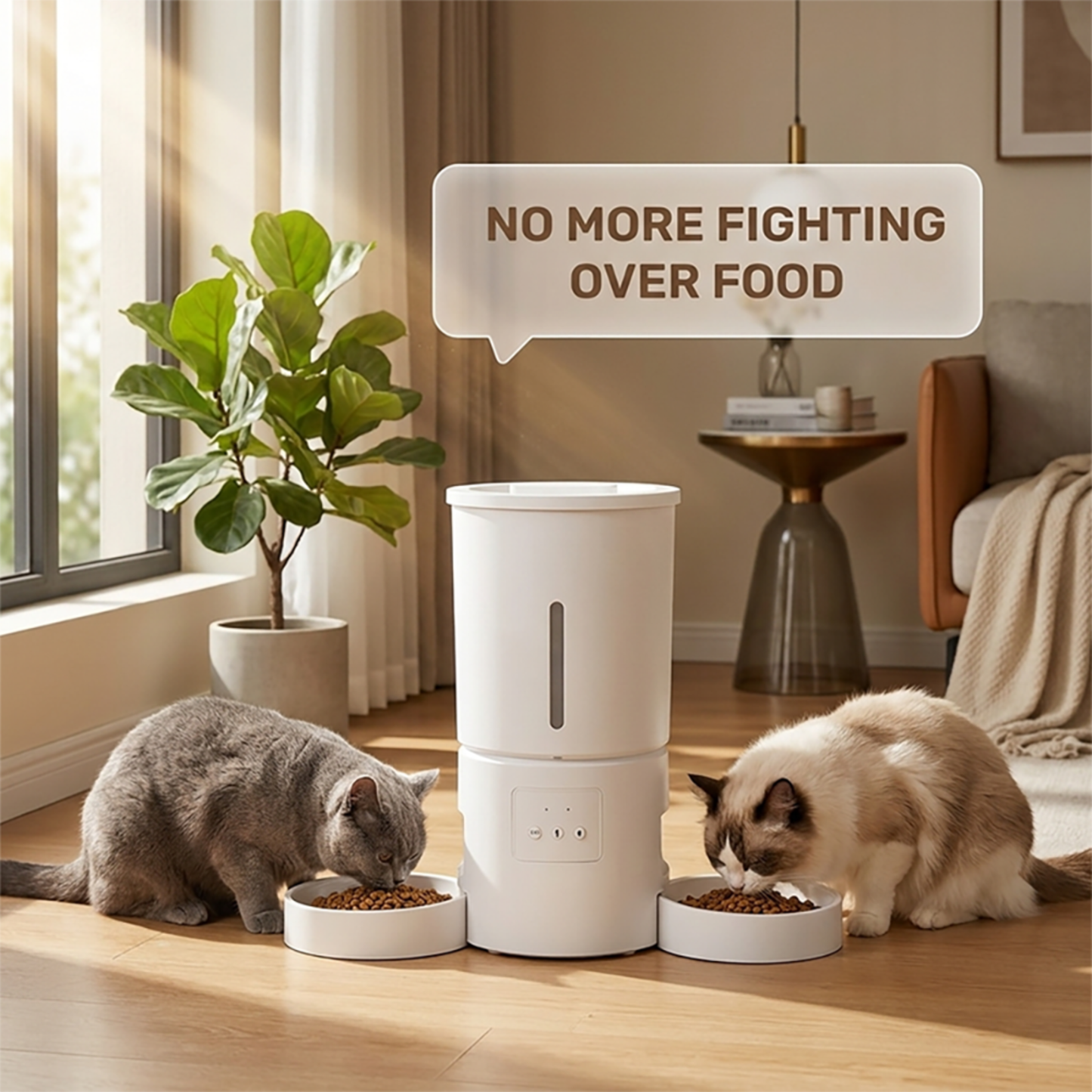 Smart pet feeder allowing owners to schedule automatic meals through remote app control.