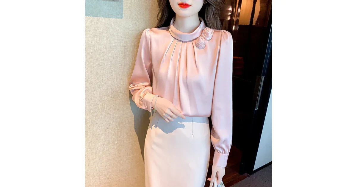 Women Stand Collar Petal Satin Blouse – Elegant Long Sleeve Top for Office & Casual Wear - vitaliqa