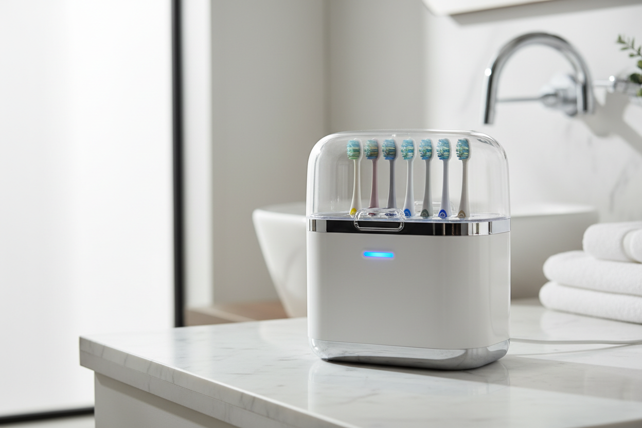 A high-resolution professional image of a UV toothbrush sterilizer on a bathroom countertop, showing toothbrushes inside the sterilizer. Soft natural lighting, clean modern bathroom environment, emphasizing hygiene and technology. Focus on UVC sterilization function, realistic and clinical, no text or logos, health and wellness theme.