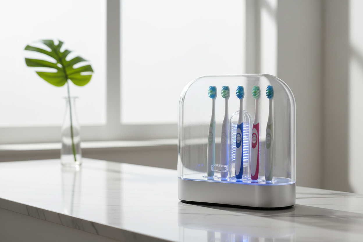 A high-resolution professional image of a UV toothbrush sterilizer on a bathroom countertop, showing toothbrushes inside the sterilizer. Soft natural lighting, clean modern bathroom environment, emphasizing hygiene and technology. Focus on UVC sterilization function, realistic and clinical, no text or logos, health and wellness theme.