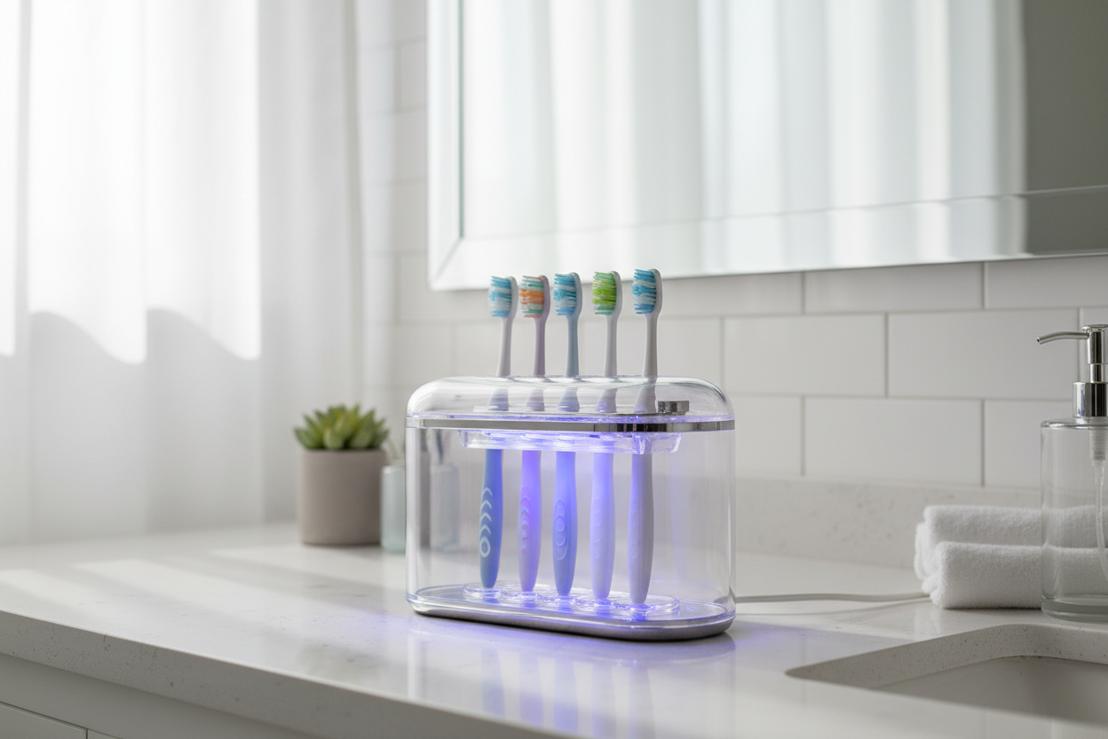 A high-resolution professional image of a UV toothbrush sterilizer on a bathroom countertop, showing toothbrushes inside the sterilizer. Soft natural lighting, clean modern bathroom environment, emphasizing hygiene and technology. Focus on UVC sterilization function, realistic and clinical, no text or logos, health and wellness theme.