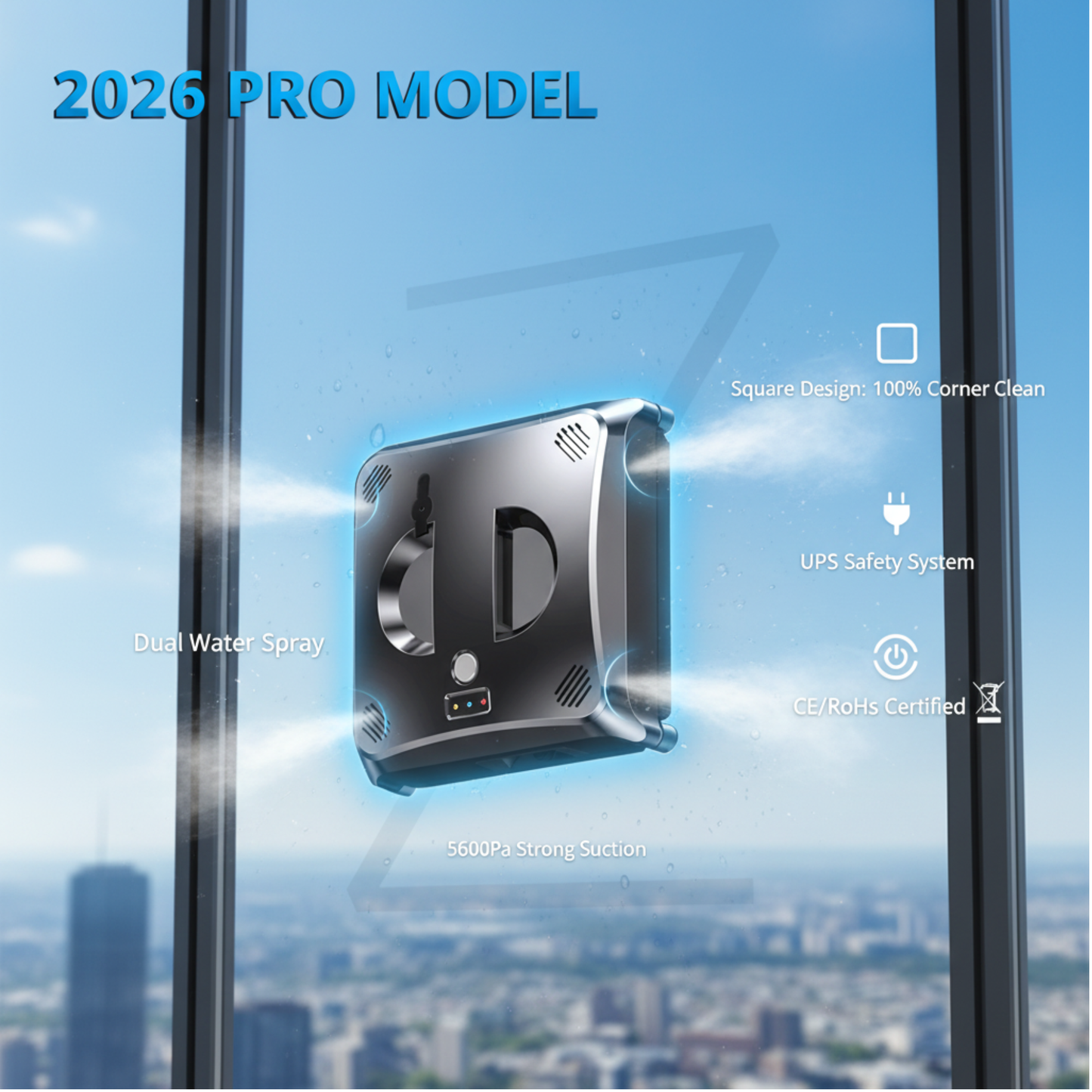 Smart window cleaner using powerful suction on a vertical glass window
