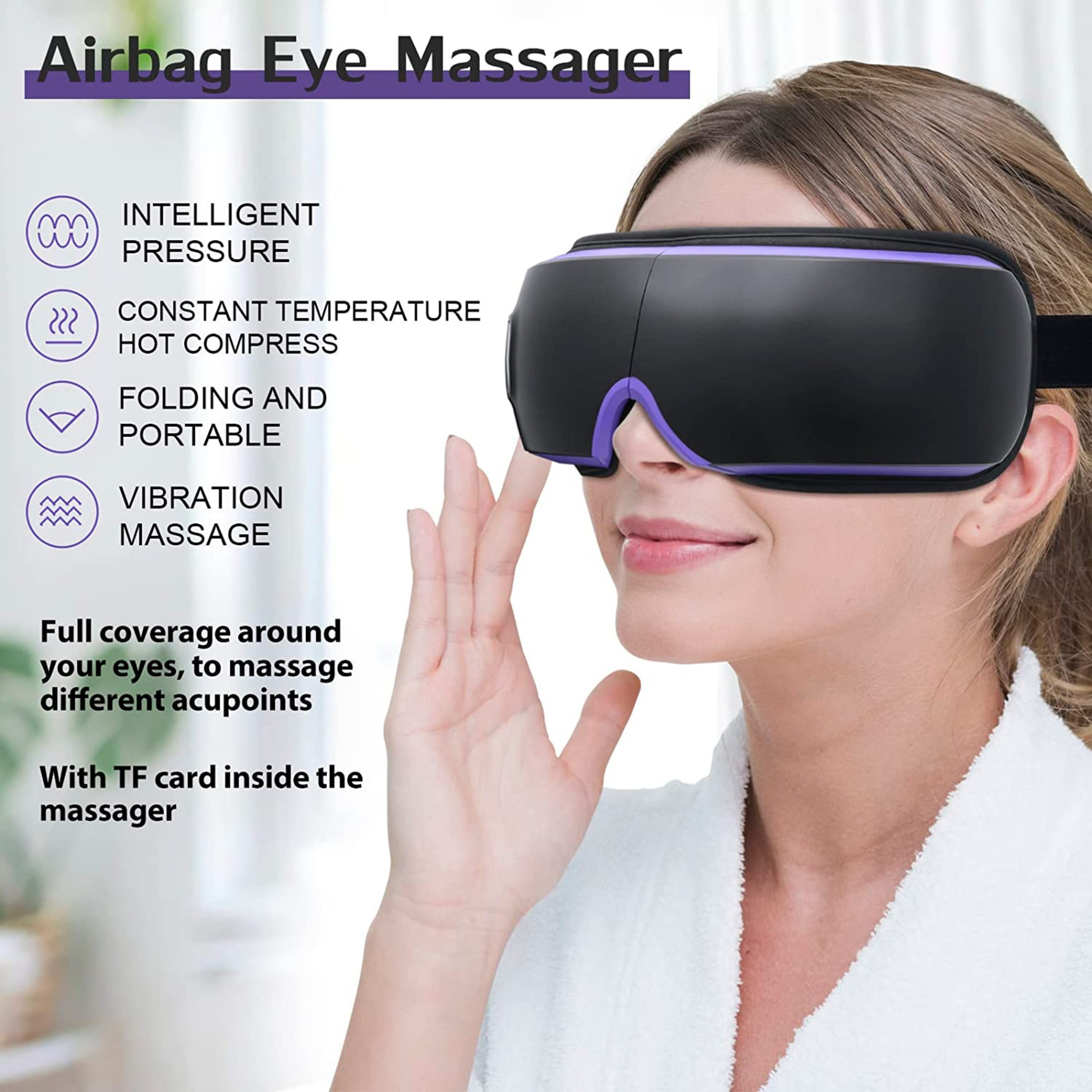Electric eye massager device providing heated compression and relaxation for tired eyes.