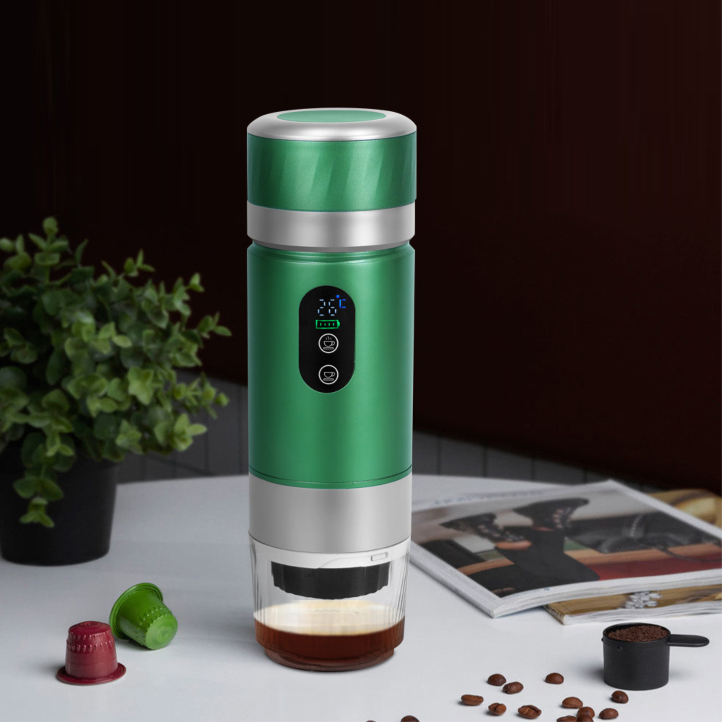 Best portable espresso machine for travel featuring compact design, LED battery display and 20 Bar pressure coffee extraction.