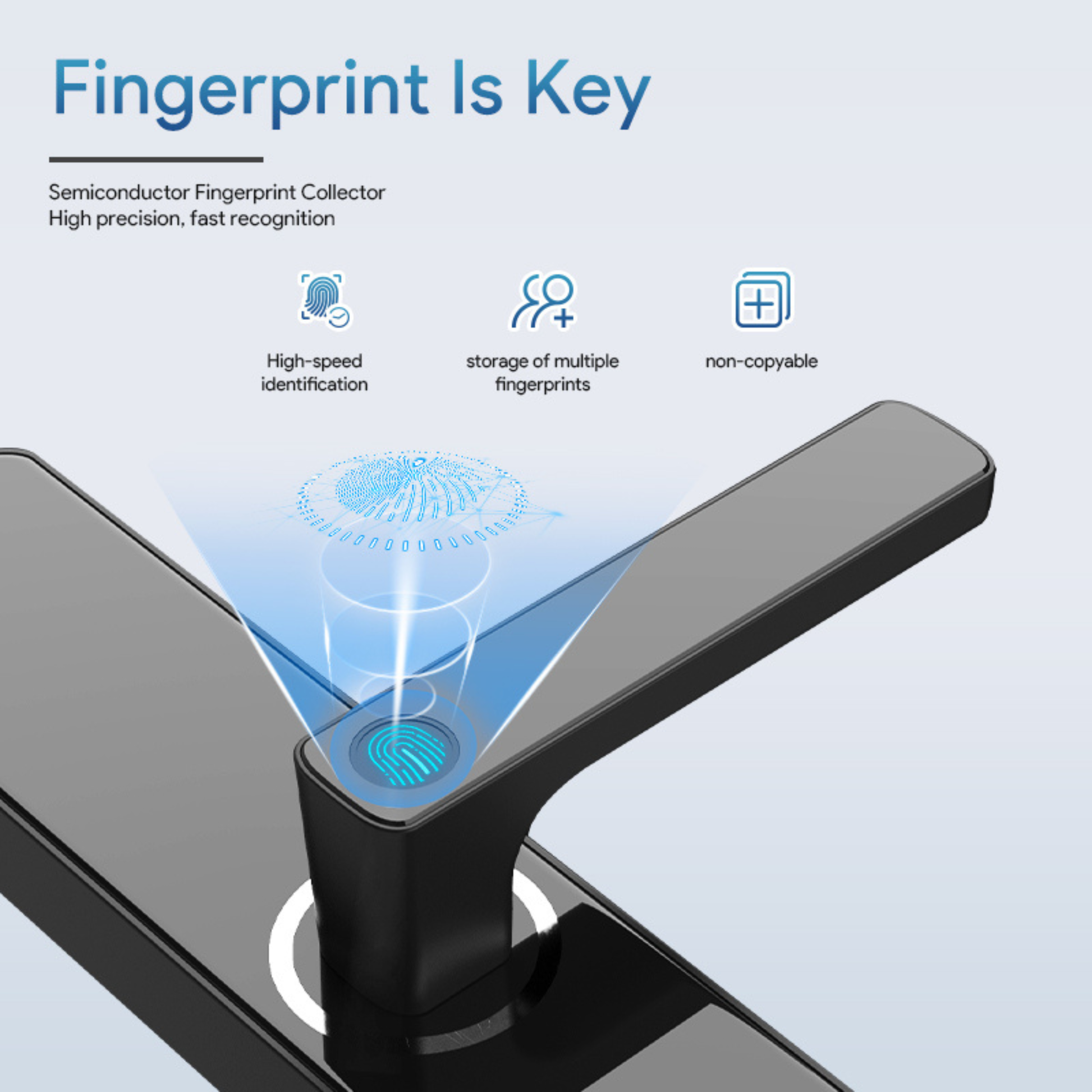 Premium Smart Door Lock with App Control demonstrating fingerprint recognition for fast and secure home access.