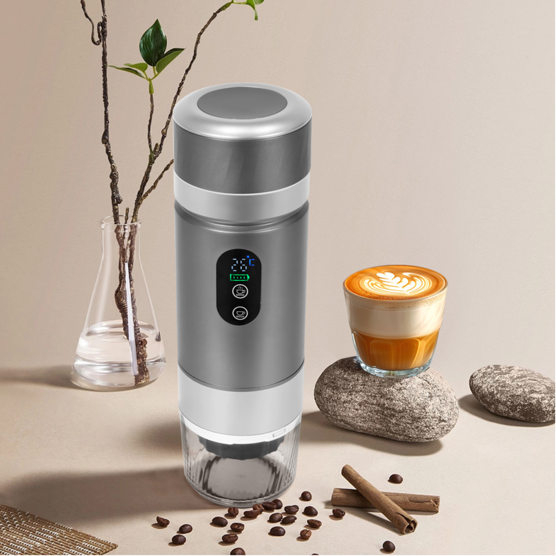 Portable coffee maker for travel supporting coffee capsules and ground coffee for espresso, cappuccino and latte drinks.