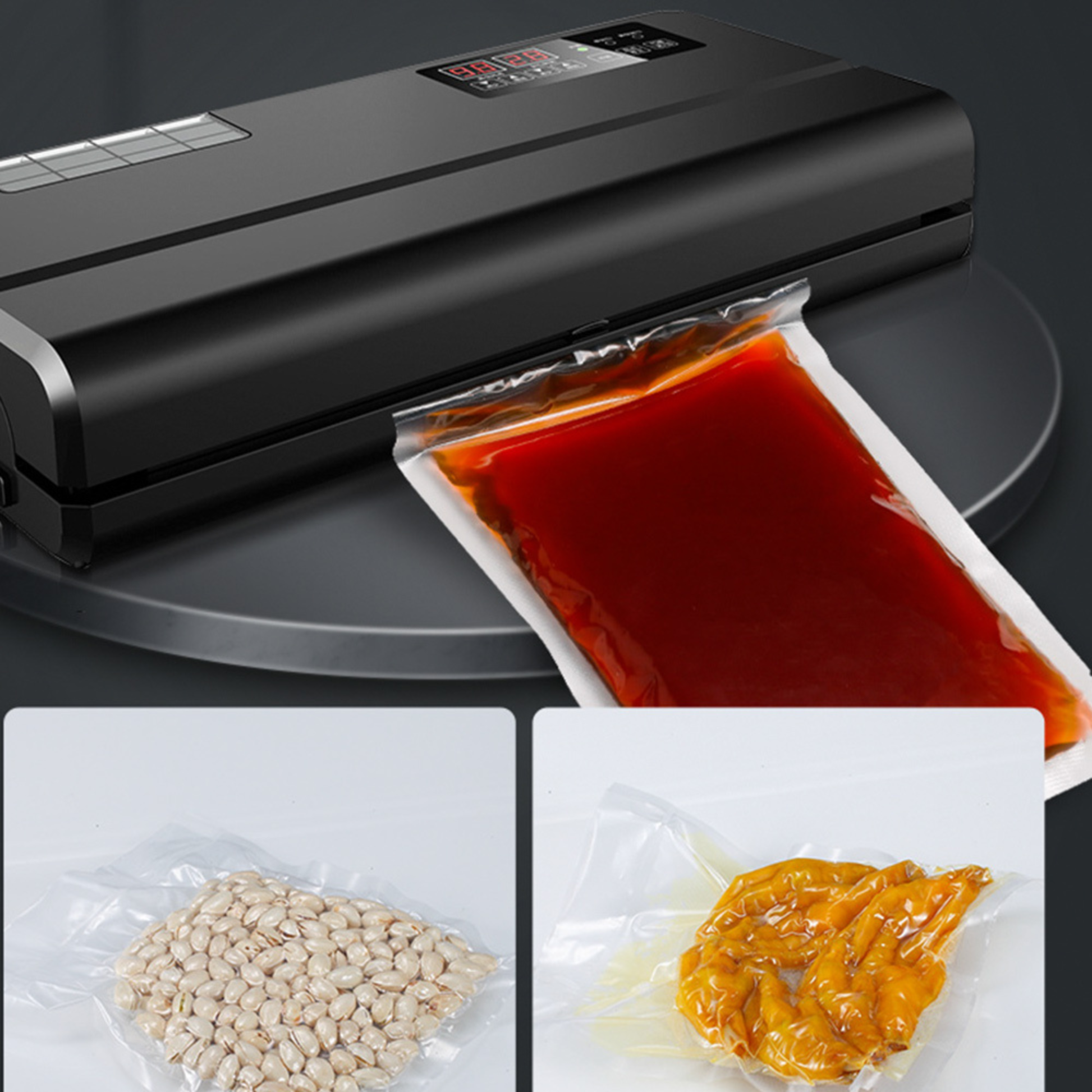 Automatic Vacuum Food Sealer removing air from a vacuum bag before sealing fresh fish to prevent freezer burn and extend freshness.