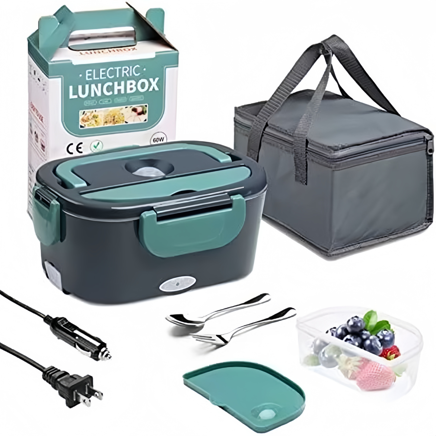 Electric lunch box for truck drivers heating hot meal inside vehicle cabin