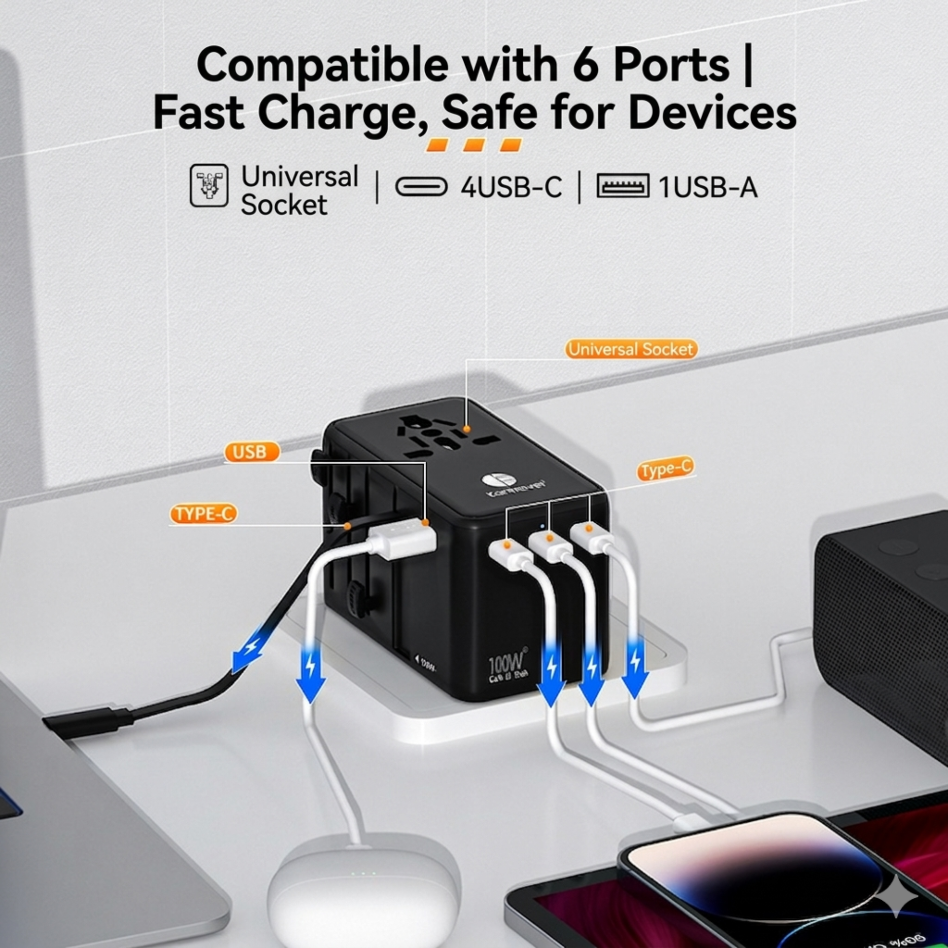 100W GaN Travel Adapter providing fast charging power for USB-C laptops, tablets, smartphones, and portable electronics.